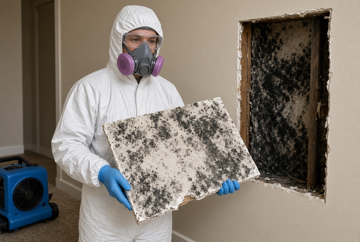 Technician in protective gear removing mold-contaminated material